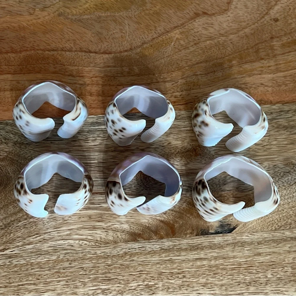 Carved Cowrie Shell set of 6, Napkin Holder Rings Purple Floral Sea Shells
